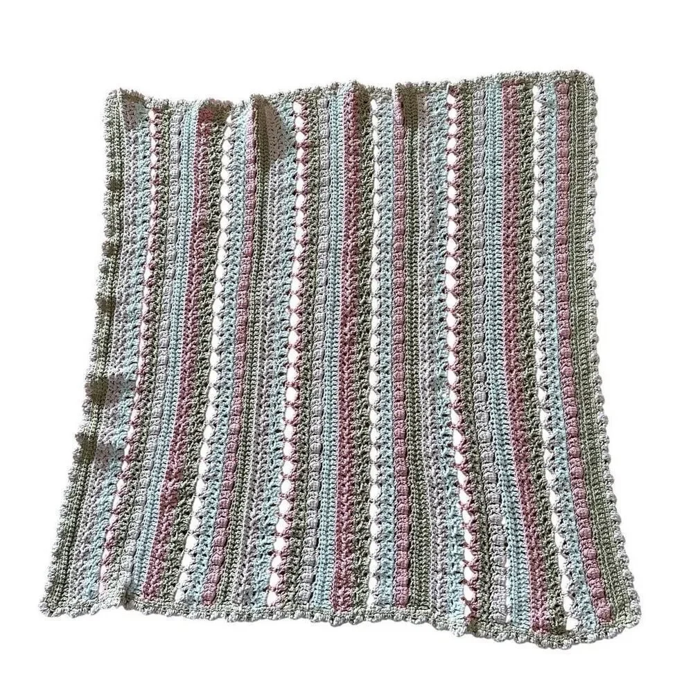Hand Knit Baby Afghan Tan, White & Pink